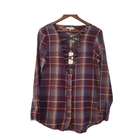 Gilded Intent long sleeve button up tie raw edge flannel plaid shirt M NWT - Picture 2 of 5